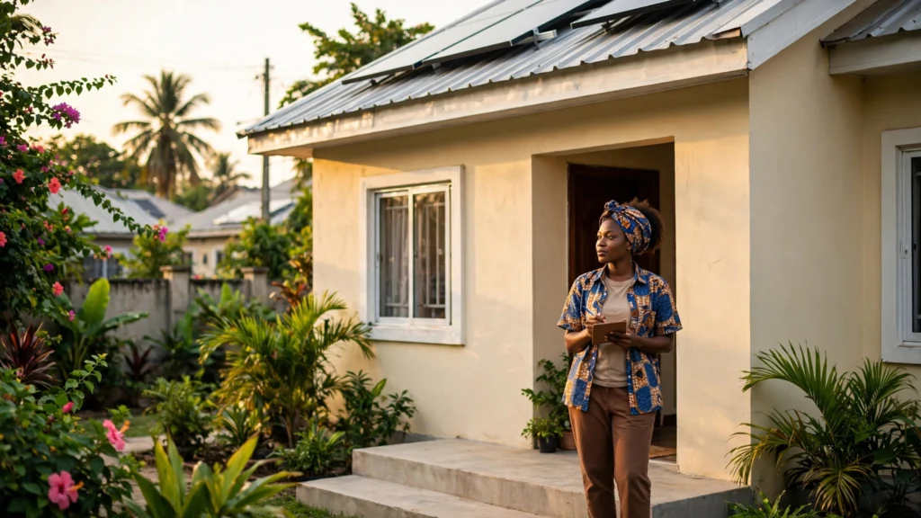 Nigerian woman calculating solar load for bungalow with rooftop solar panels in Lagos compound