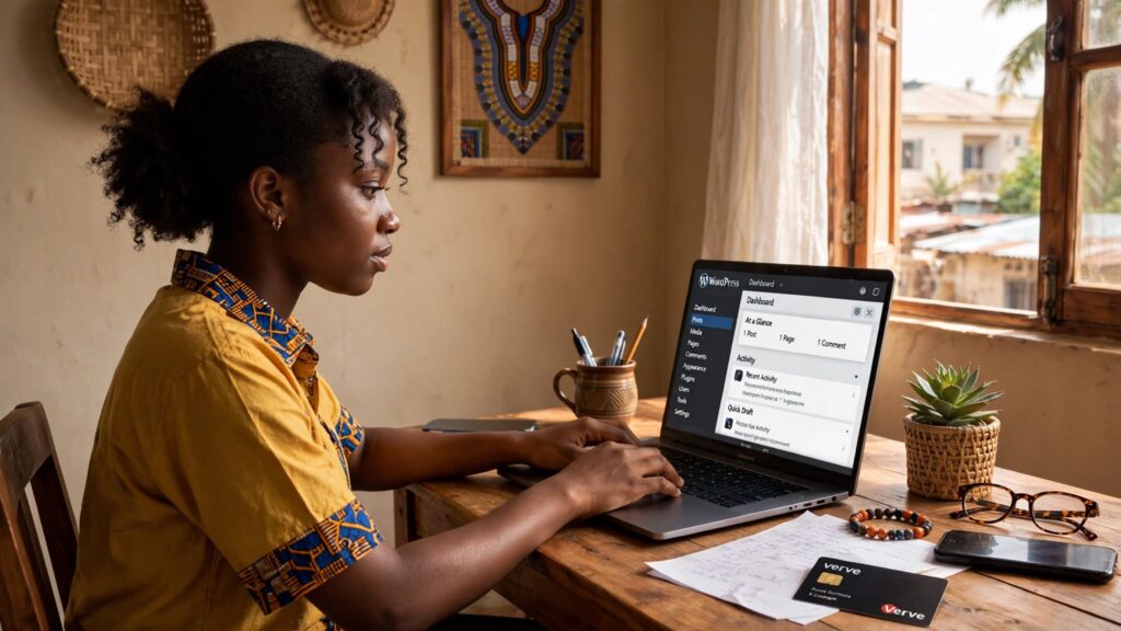 Young Nigerian blogger setting up WordPress blog on laptop with naira prices and Verve card