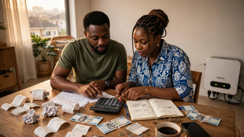 Nigerian couple calculating solar ROI and payback period using generator fuel receipts and NEPA bills at home