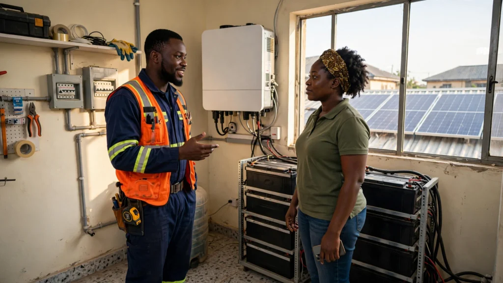 Nigerian solar installer explaining 5kVA hybrid system cost breakdown to homeowner in inverter room with battery bank