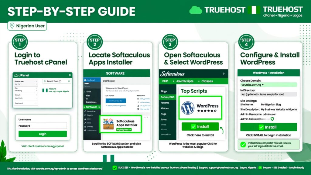 Step-by-step guide to install WordPress on Truehost cPanel using Softaculous Apps Installer